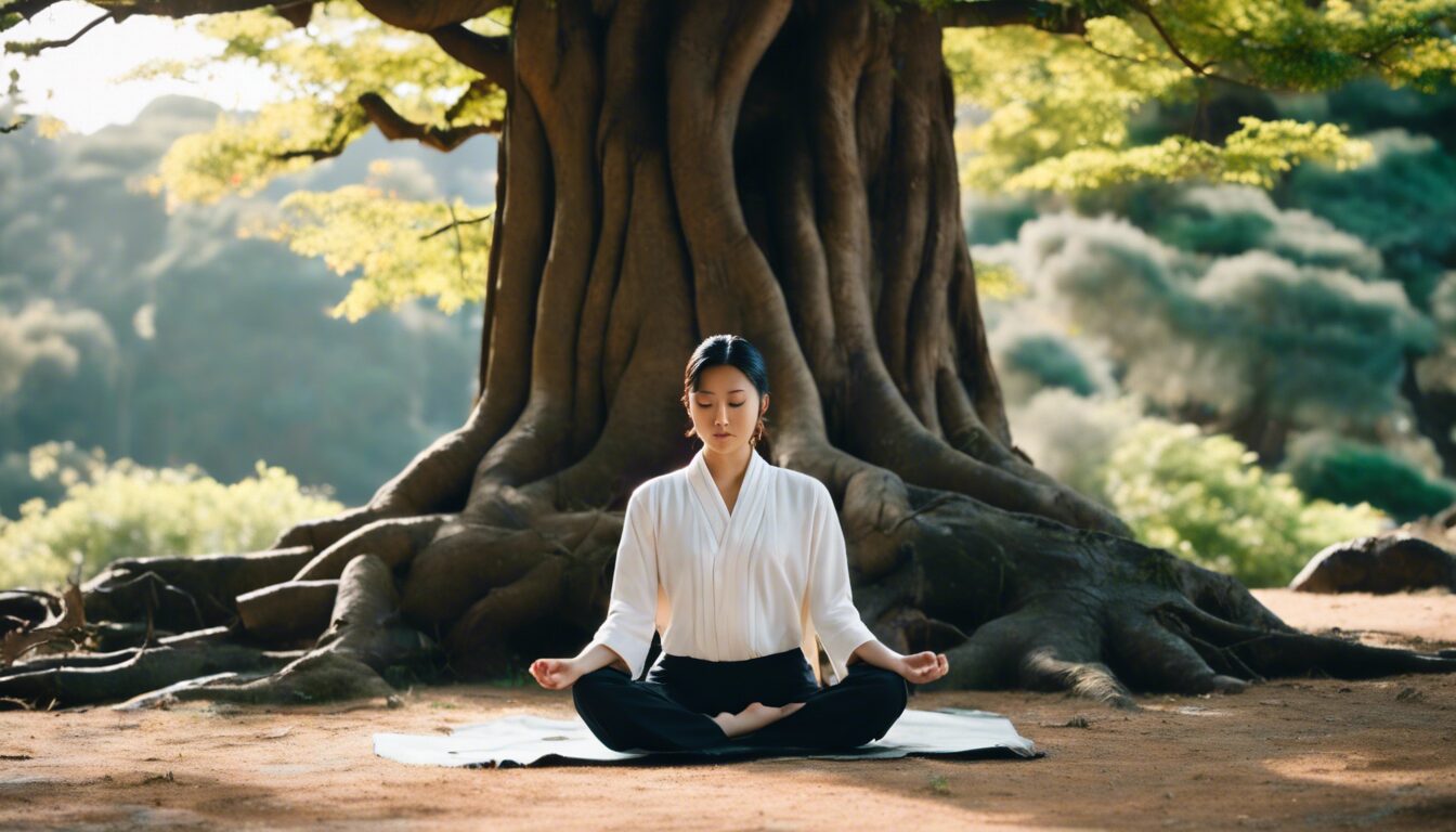 大木を背景に根元で瞑想する若い日本人女性